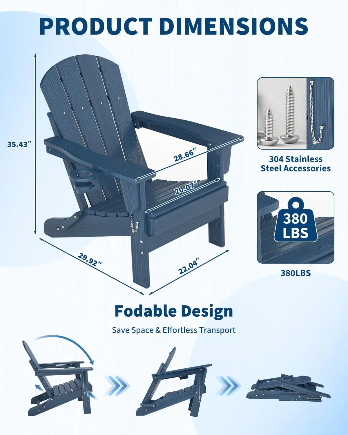 HiMISS Folding Adirondack Chair With Cup Holder All Weather HDPE