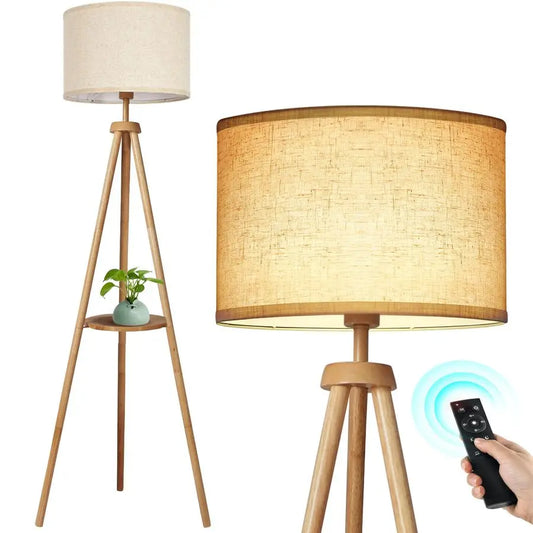 Wood Tripod Floor Lamp With Shelves Remote Control LED