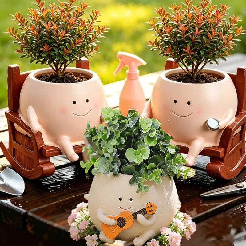 Smiling Face Guitar Planter With Drainage Hole For Indoor Succulents