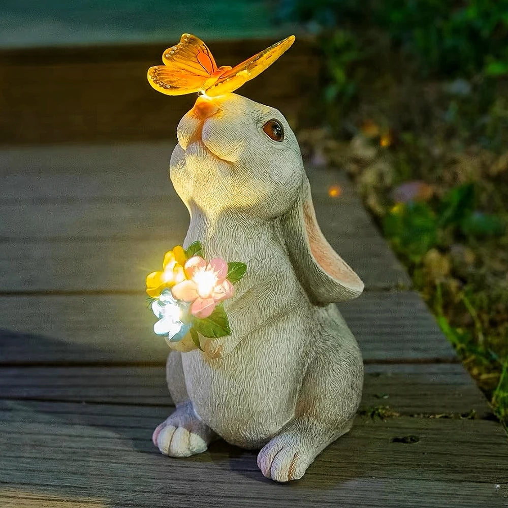Solar Bunny Statue Garden Decor With Butterfly LED Light