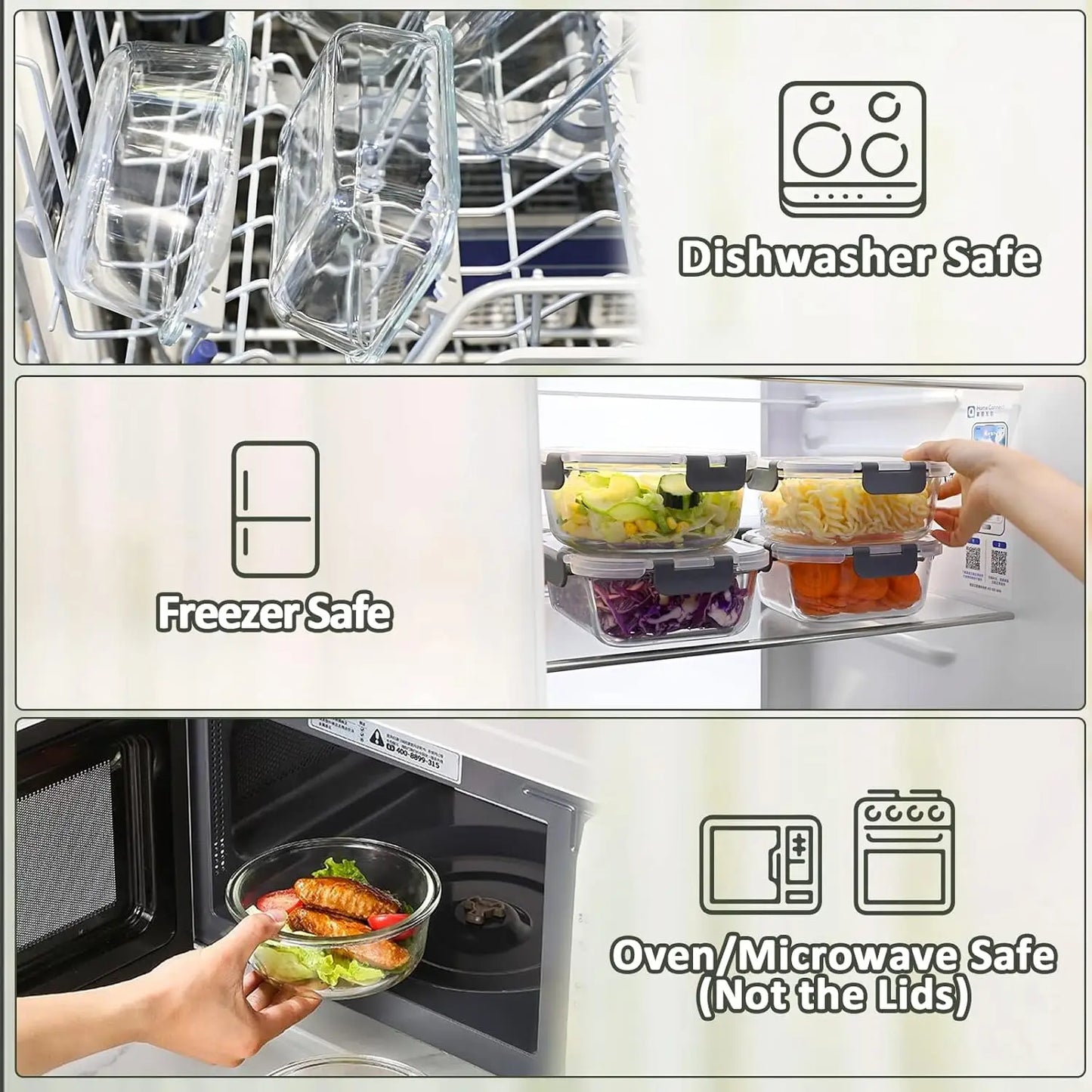 Glass Food Storage Set With Snap Lids, Airtight Microwave Safe