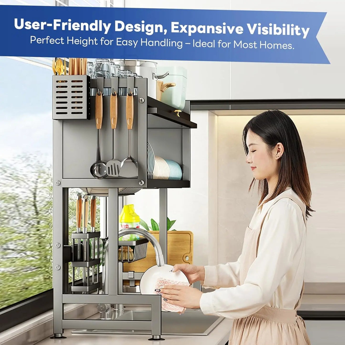 Over The Sink 3-Tier Dish Drying Rack With Cover Durable