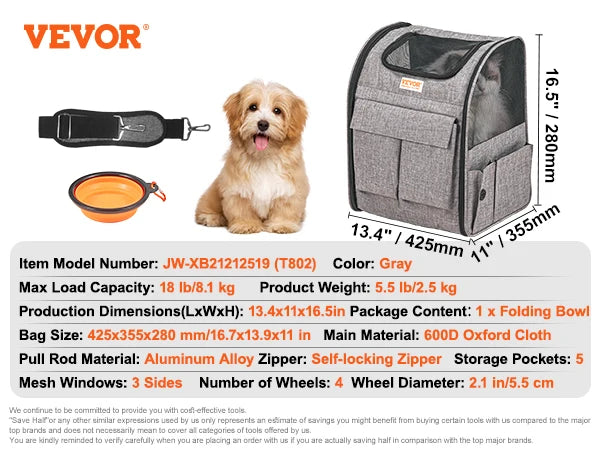 Pet Carrier Backpack for Cats and Small Dogs With Telescopic Handle Wheels