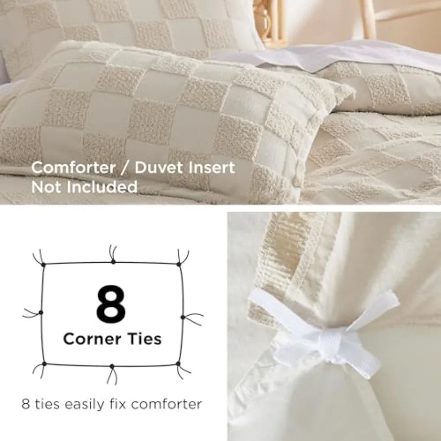 Boho Duvet Cover Checkered Embroidered Knit Jacquard Polyester Cotton