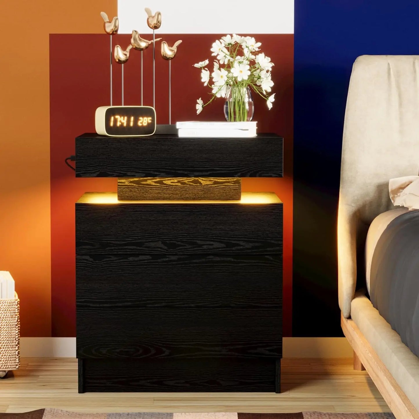 Nightstand With Charging Station And LED Light Three Drawers