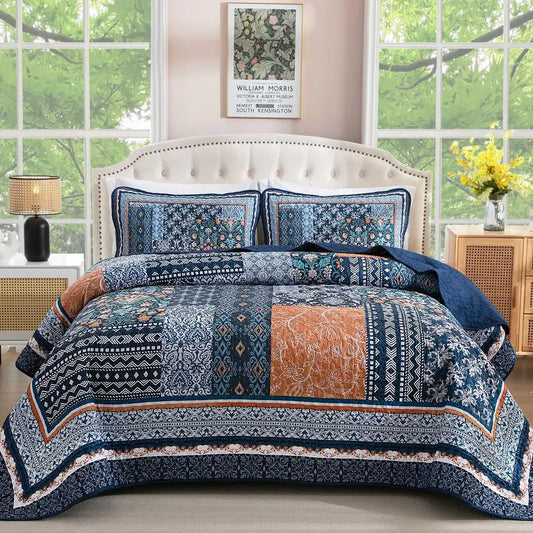Patchwork Bohemian Quilt Set Reversible Floral Bedding