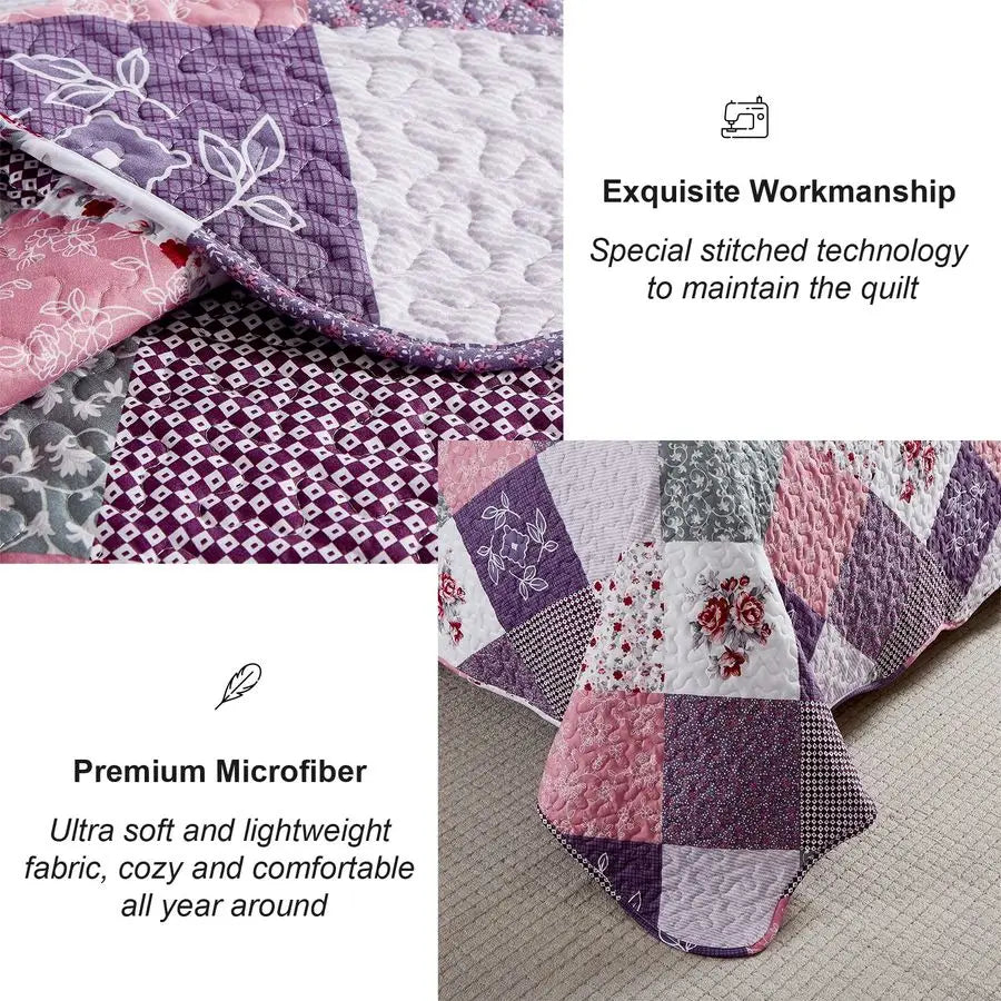 Floral Patchwork Quilt Set Reversible Microfiber Bedding for Bedroom