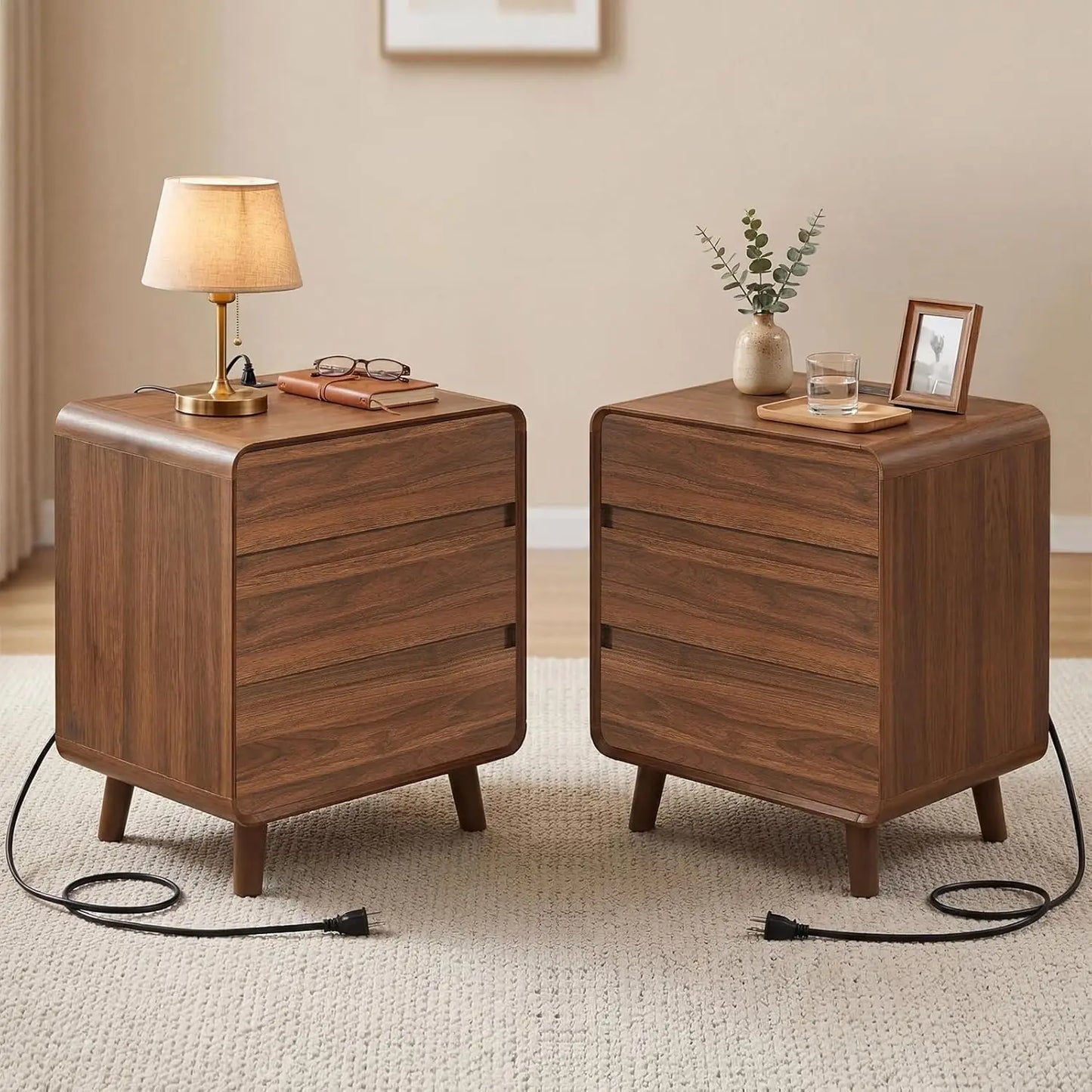 Mid Century Wooden Nightstands With Charger Station Set Of 2