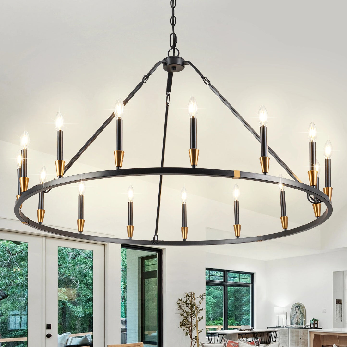 Wagon Wheel Chandelier 15 Light Farmhouse Iron Fixture Dining Room Living Room