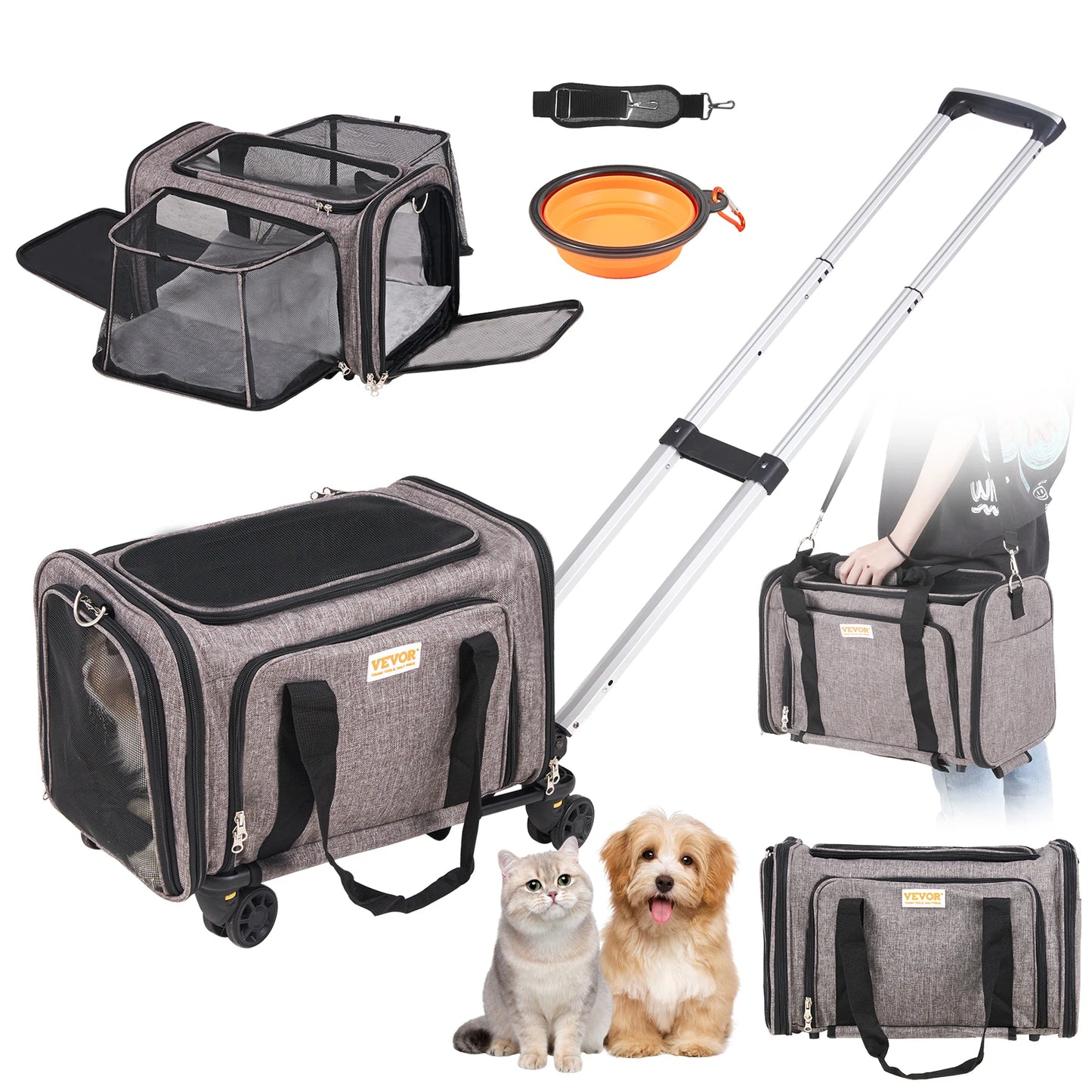 Pet Carrier Backpack for Cats and Small Dogs With Telescopic Handle Wheels
