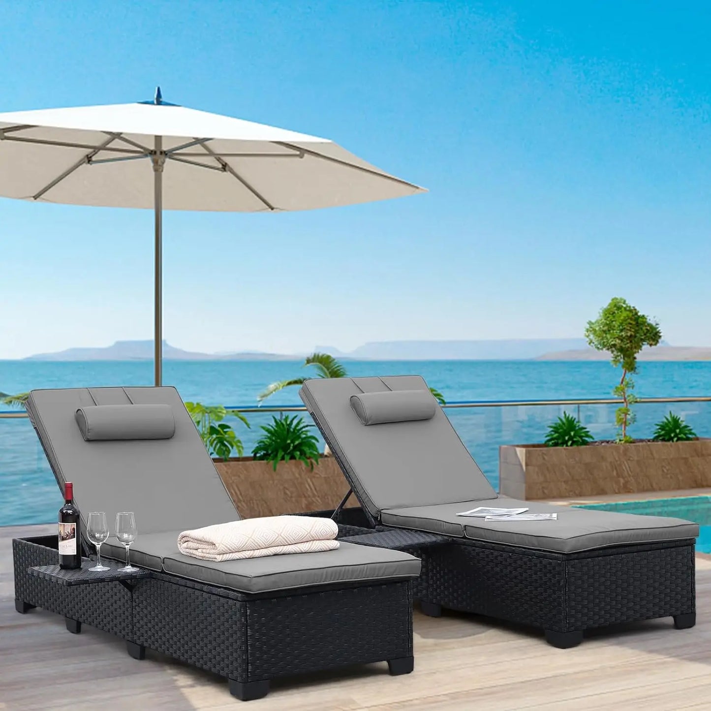 Outdoor Chaise Lounge Chairs Set Of 2 Wicker Recliners Adjustable
