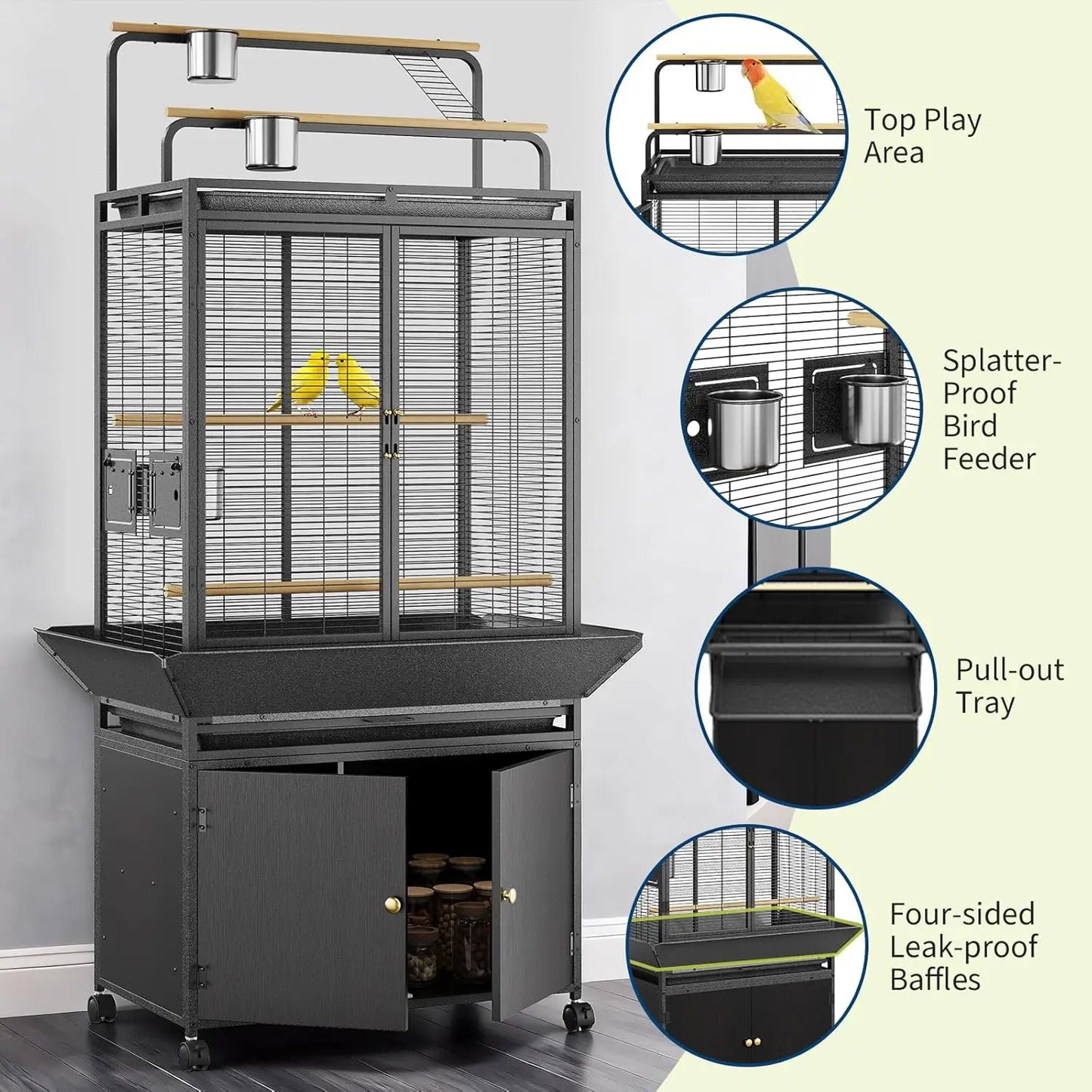 HiMISS Large Bird Cage With Rolling Stand And Storage