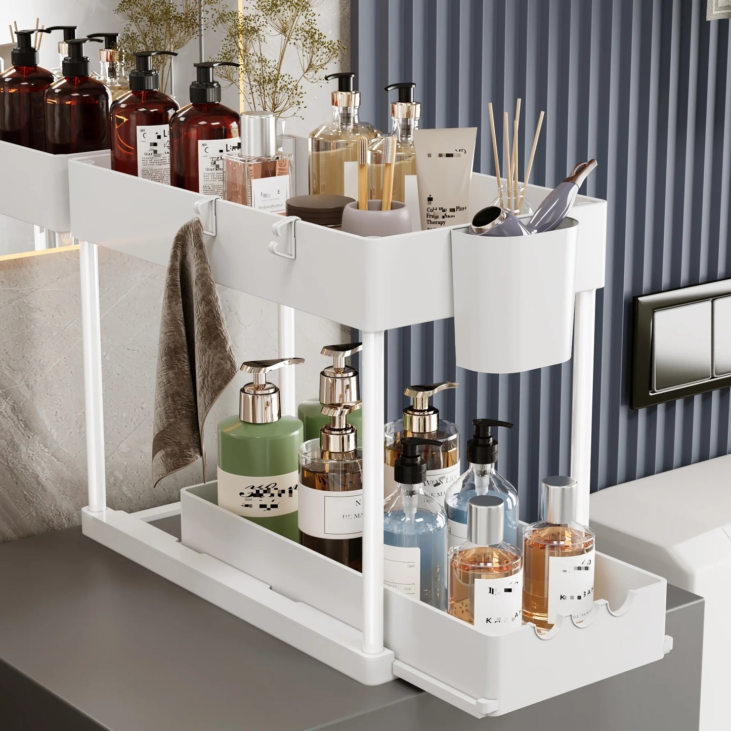 Two Tier Sliding Cabinet Organizer for Kitchen and Bathroom