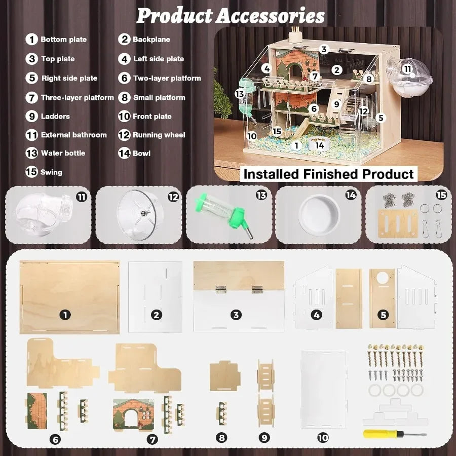 NONECN Wooden Hamster Cage With Accessories Pastoral Style Multi Level