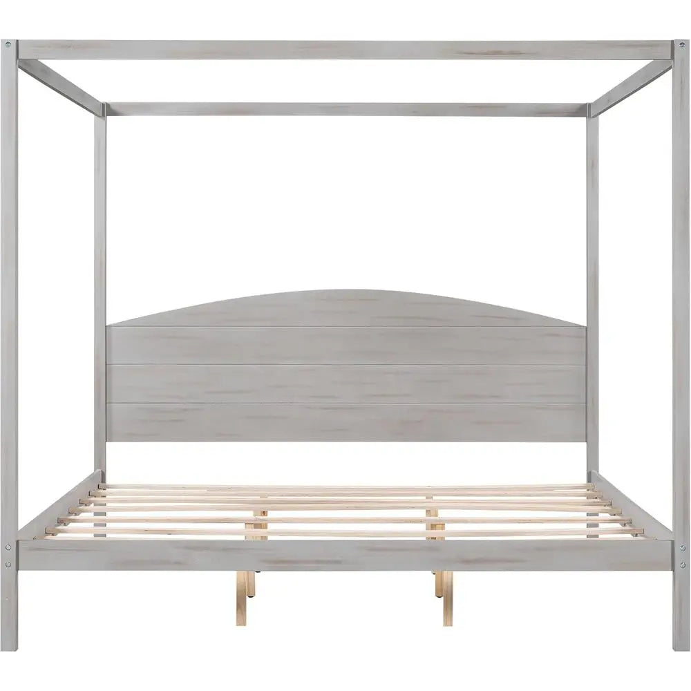 Wood Canopy Bed With Solid Headboard And Four Poster Posts