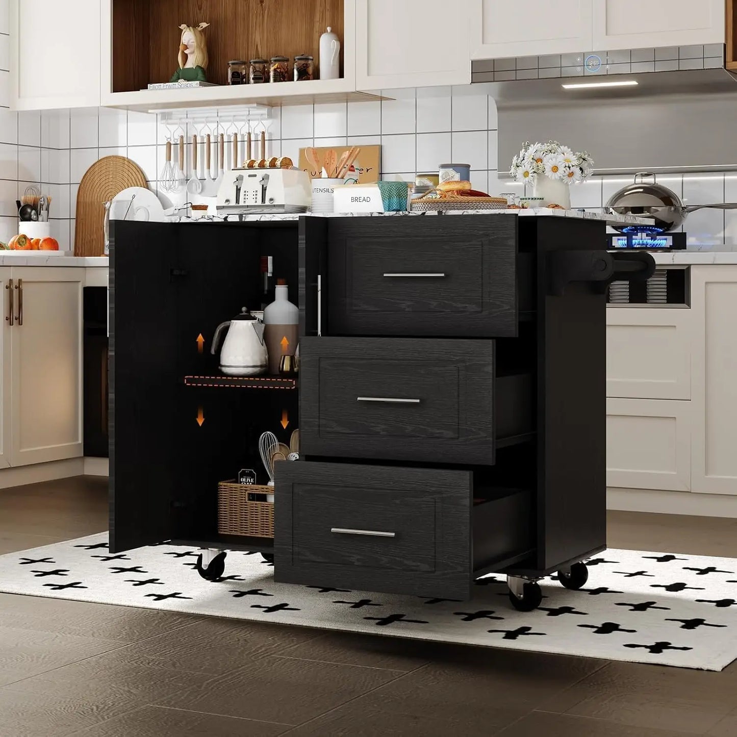Portable Kitchen Island With Storage And Spice Rack On Wheels