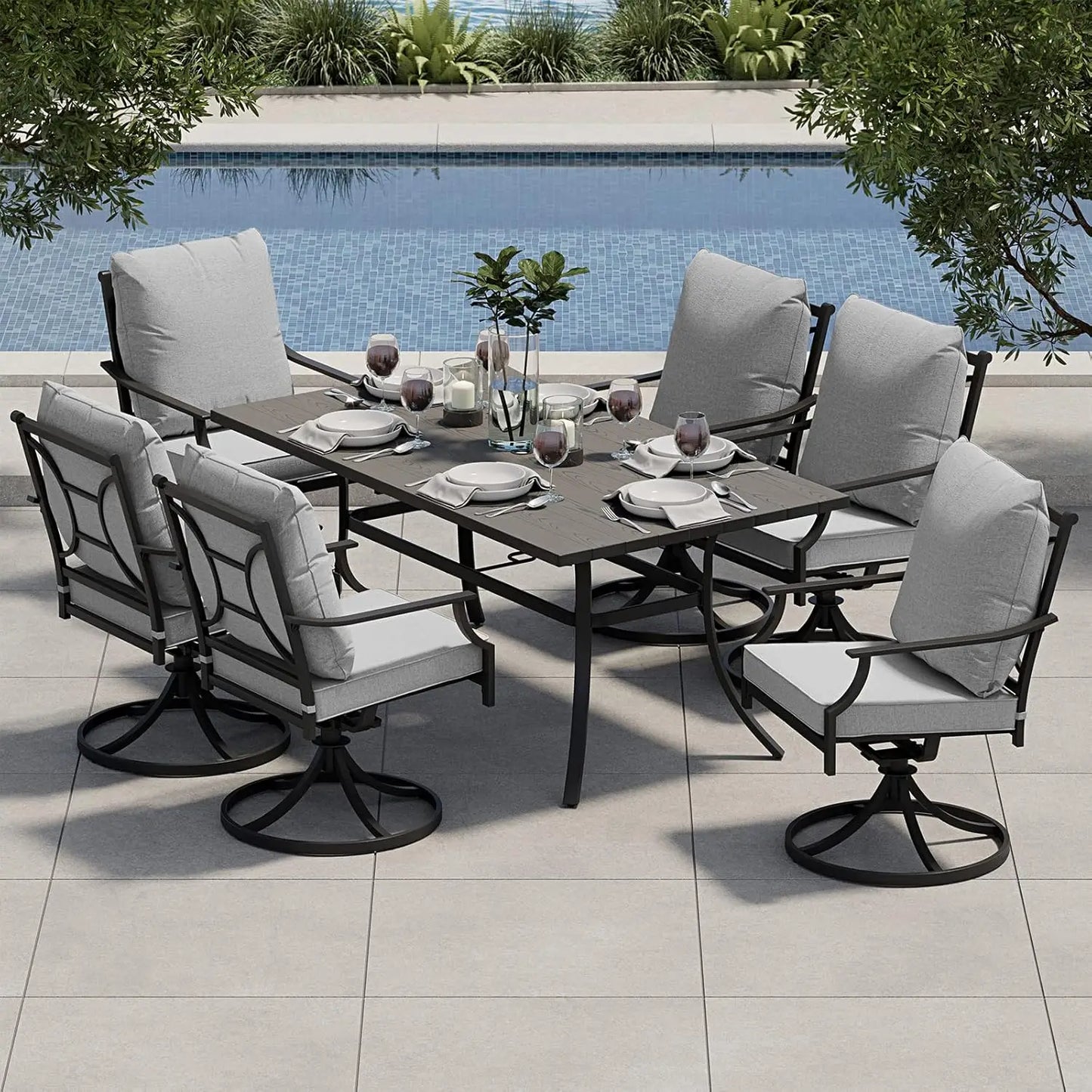 Grand Patio Outdoor Dining Set With Swivel Chairs And Cushions