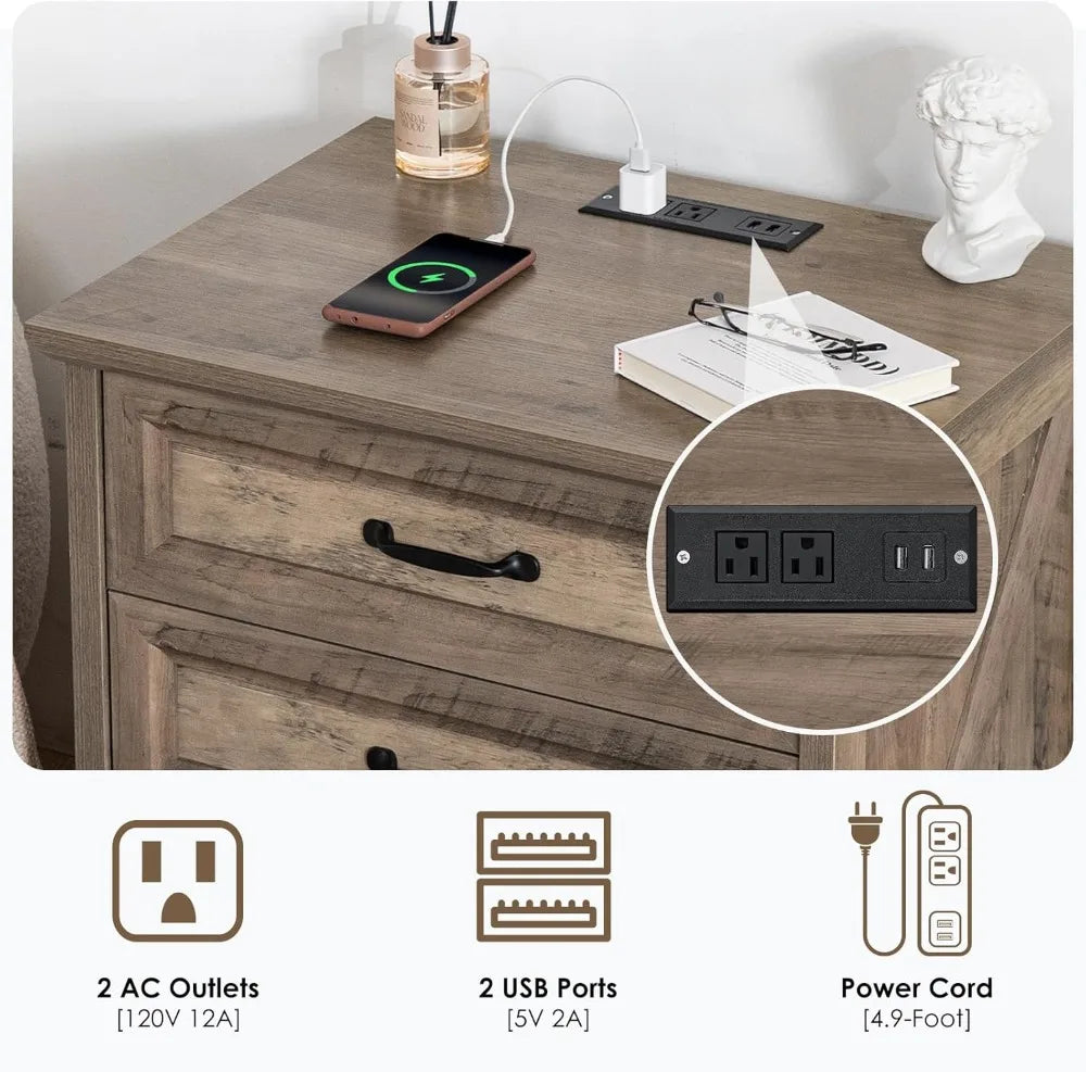 Farmhouse Nightstand With 3-Drawer Charging Station USB AC Ports
