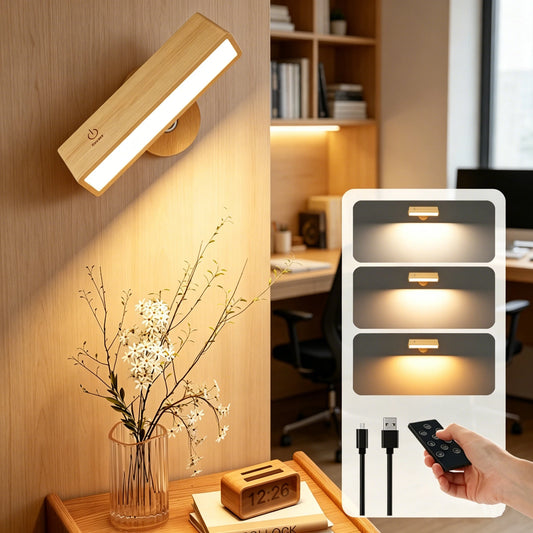 Beech Wood LED Wall Lamp With Remote Control USB Rechargeable