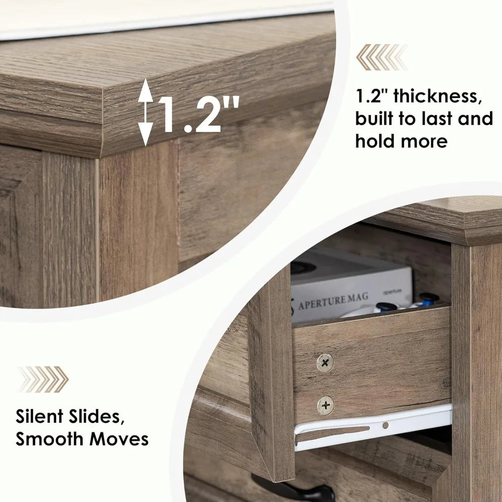 Farmhouse Nightstand With 3-Drawer Charging Station USB AC Ports