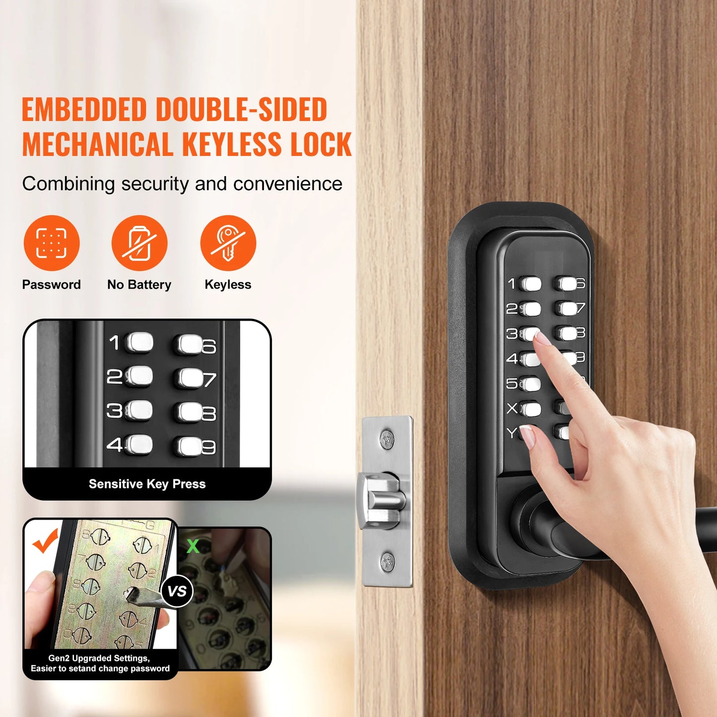 Mechanical Keyless Entry Door Lock Single And Double Sided 14 Digit Keypad