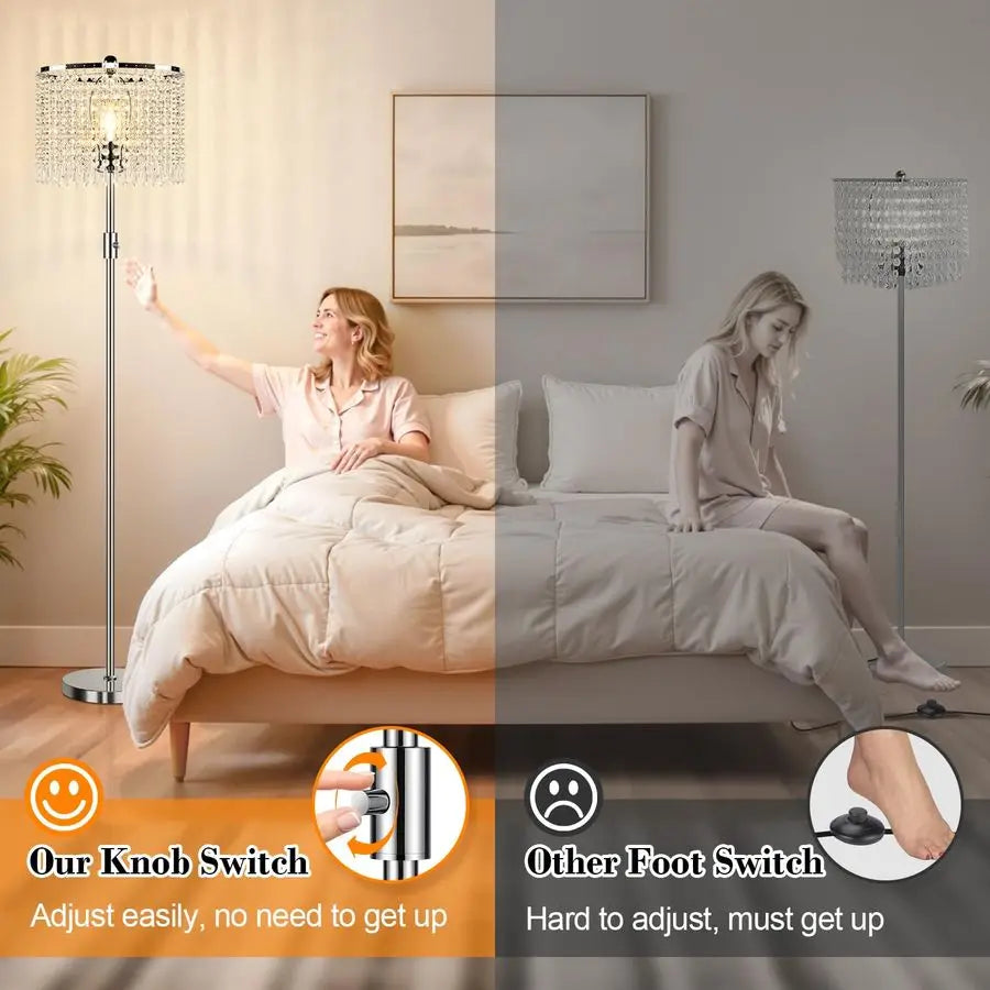 Dimmable Crystal Floor Lamp For Living Room With Knob Switch