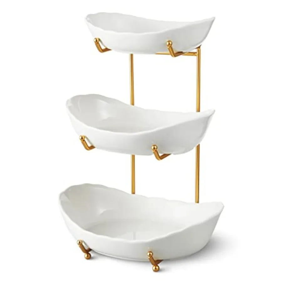 Ceramic Three-Tier Fruit Bowl With Metal Stand For Countertop
