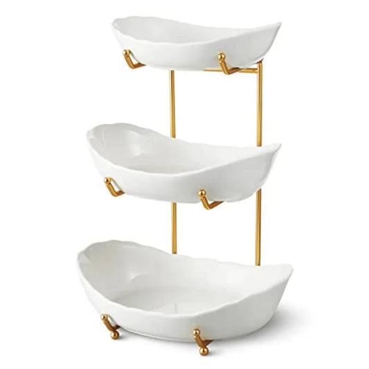 Ceramic Three-Tier Fruit Bowl With Metal Stand For Countertop