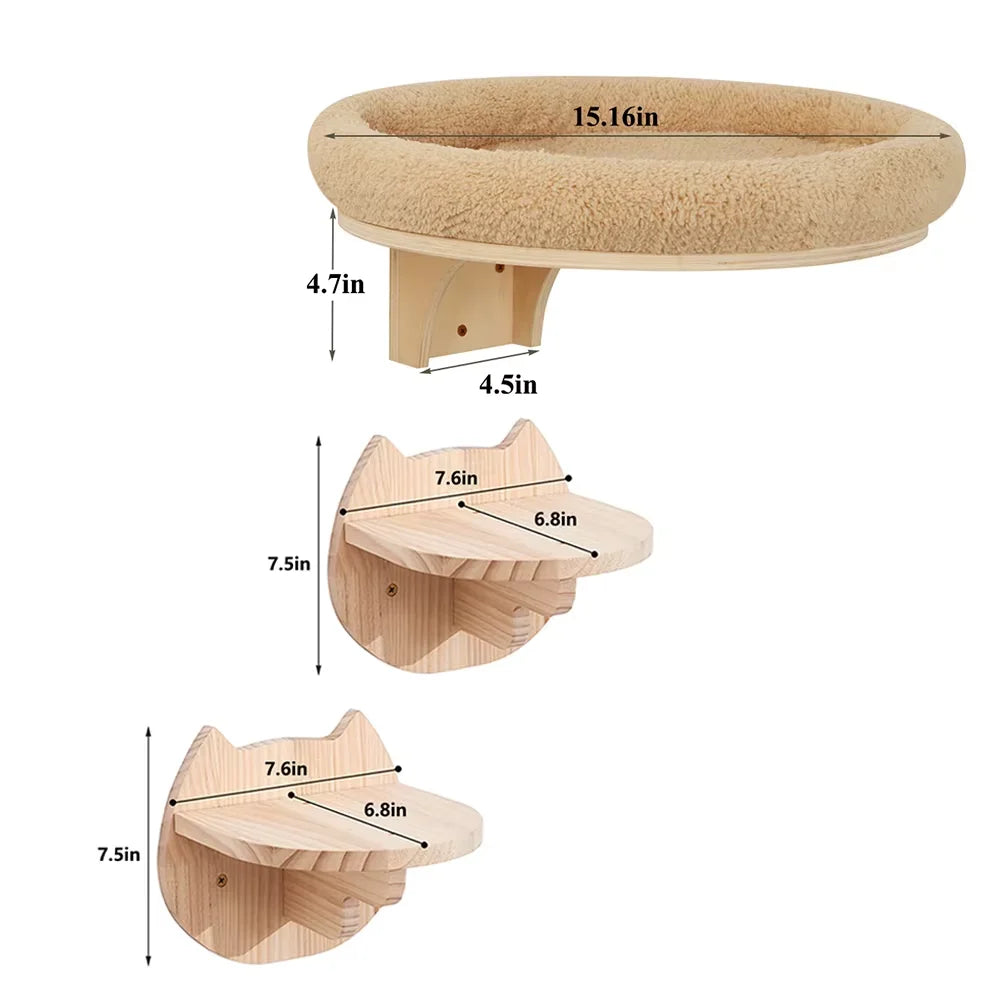 Cat Wall Mounted Solid Wooden Climbing Ladder Hammock Scratching Post