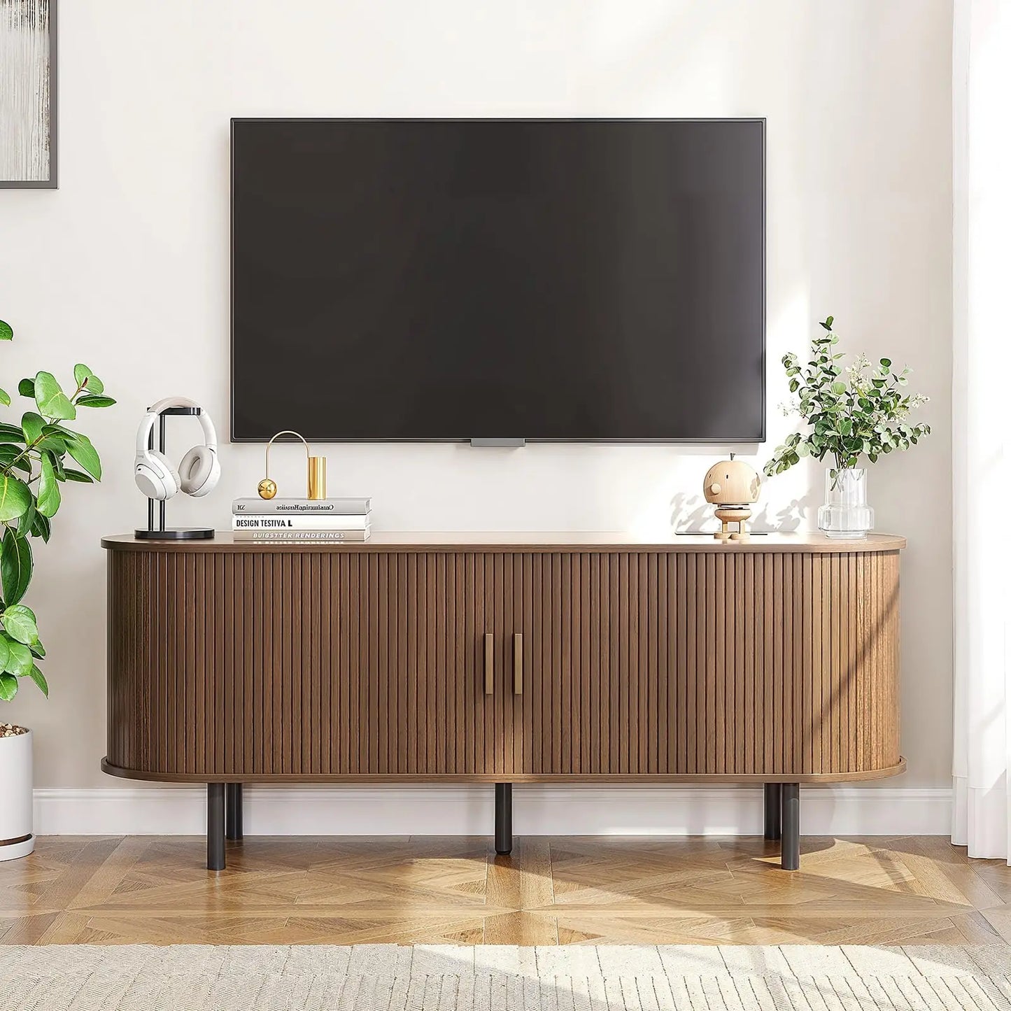 ONBRILL TV Stand With Power Outlet And Adjustable Shelves
