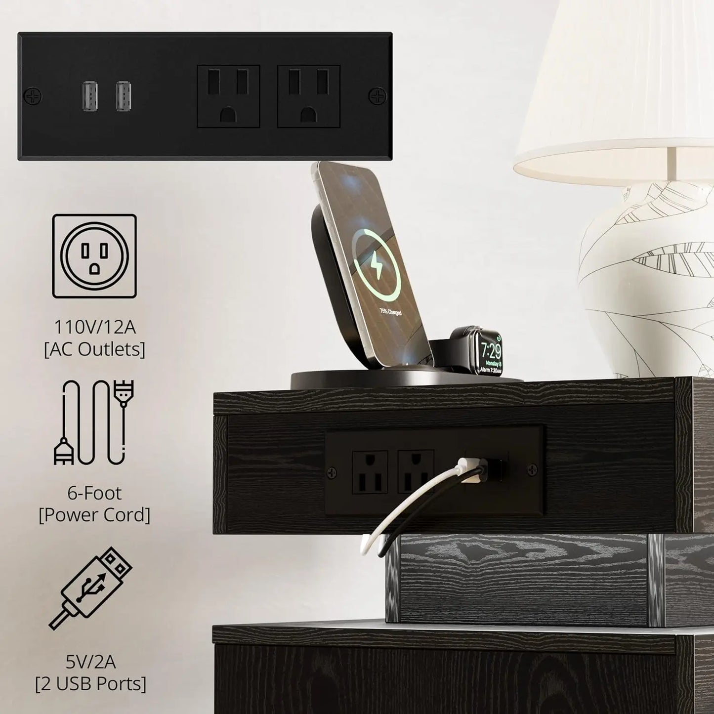 Nightstand With Charging Station And LED Light Three Drawers