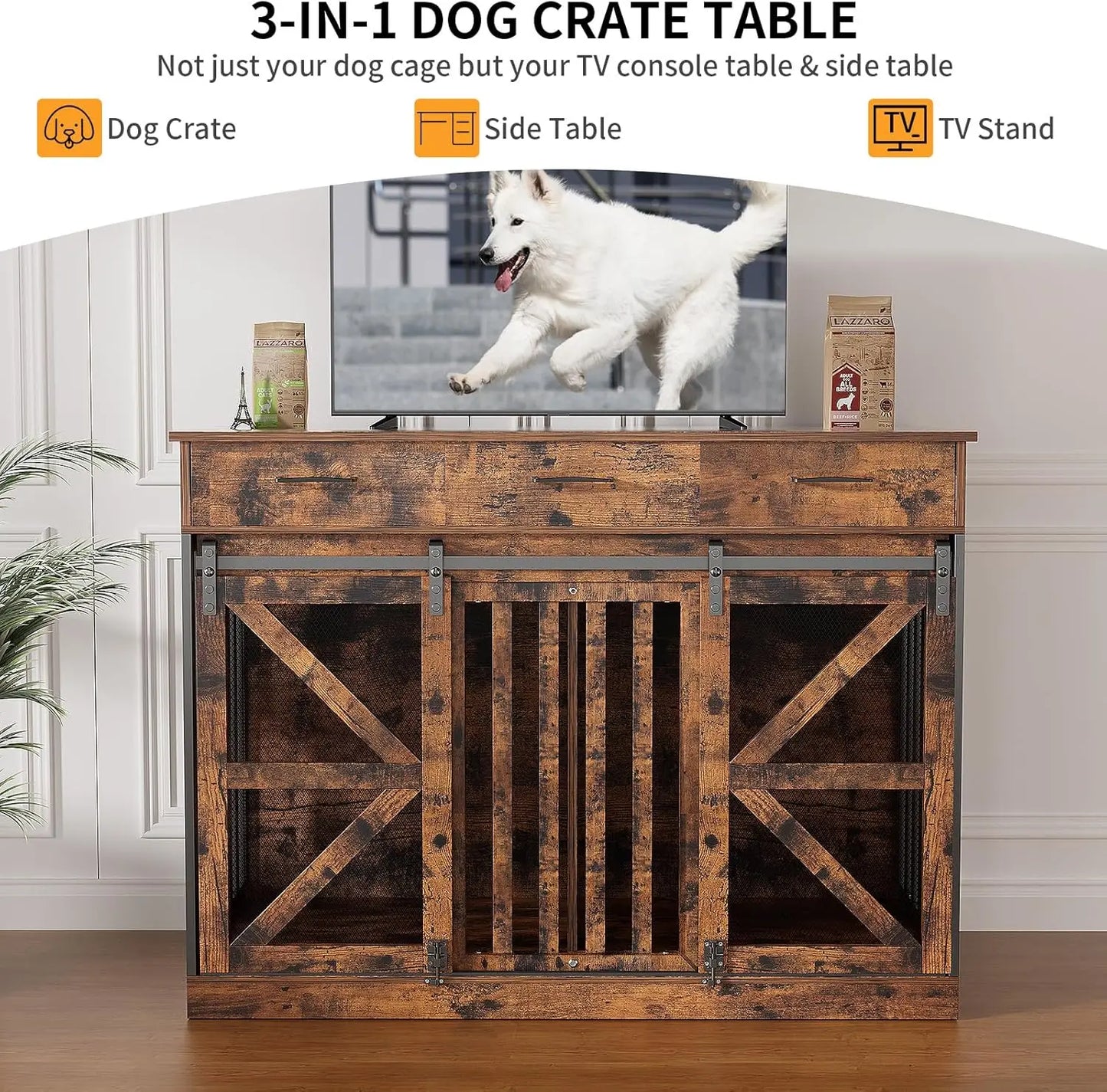 Kepptory 2-In-1 Convertible Wooden Dog Crate With Divider And 3-Drawer