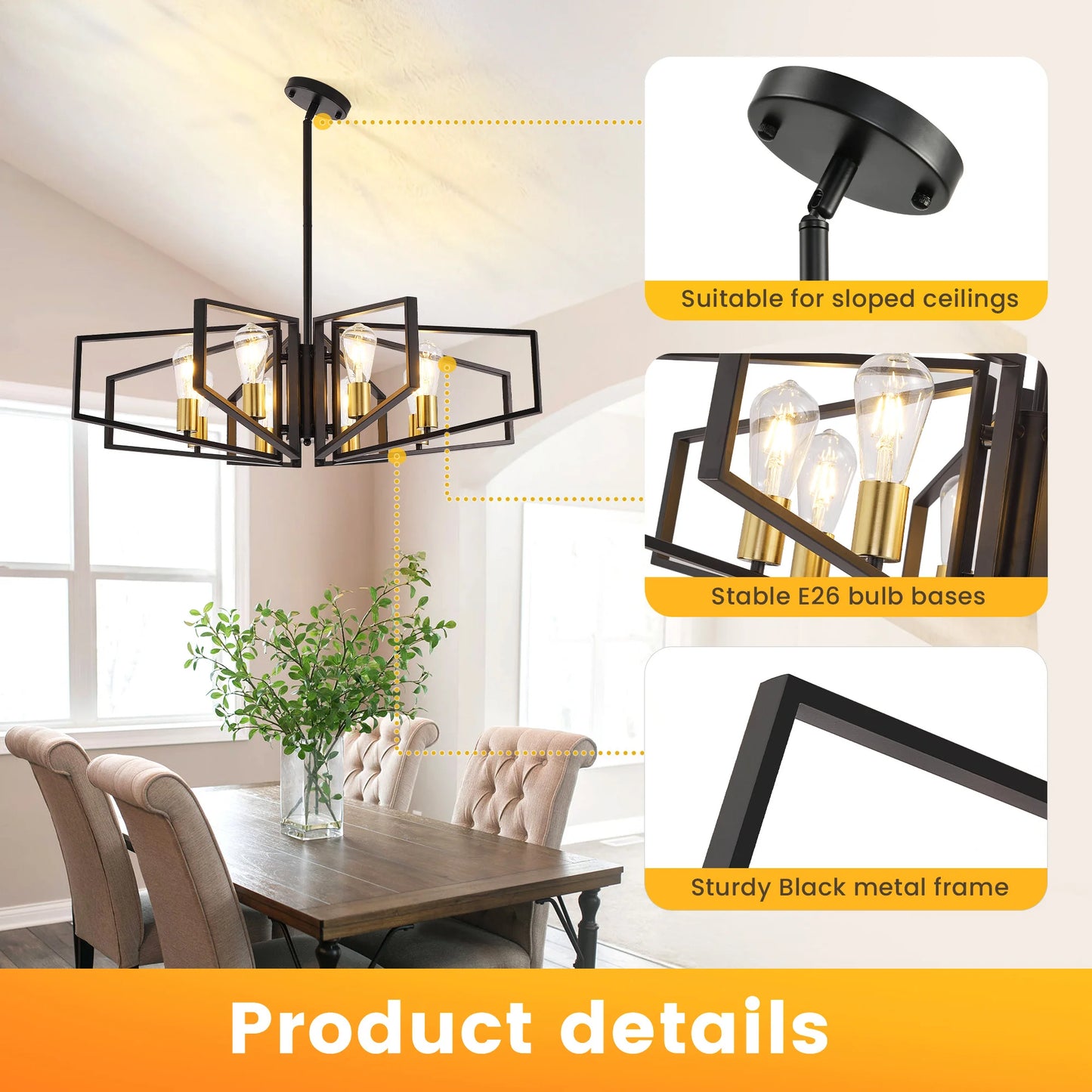 Modern 8-Light Geometric Chandelier Adjustable Height Metal Pendant Light