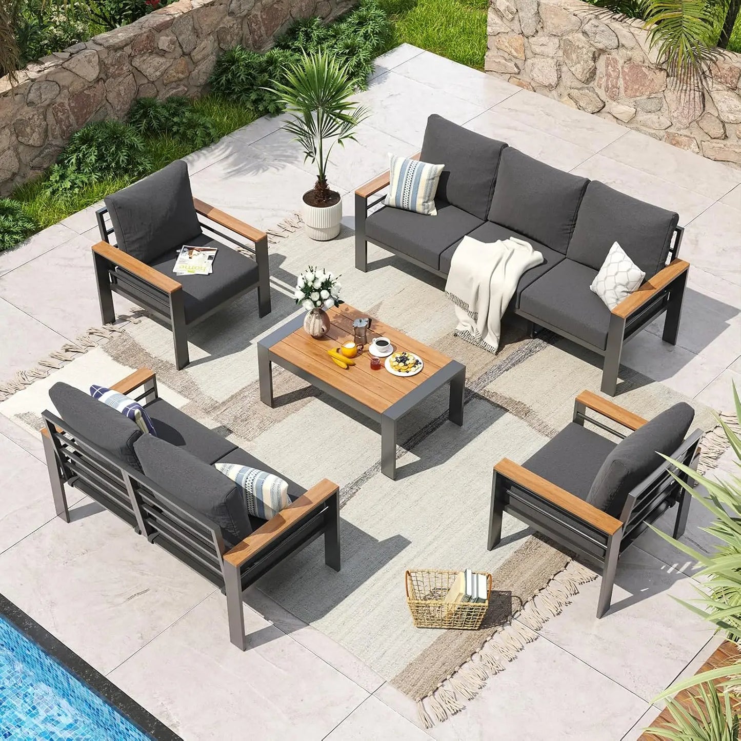 Aluminum Outdoor Patio Furniture Set 7 Seats Cushions And Table