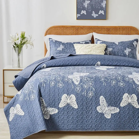 Butterfly Botanical Quilt Set Cotton Bedding 3 Piece