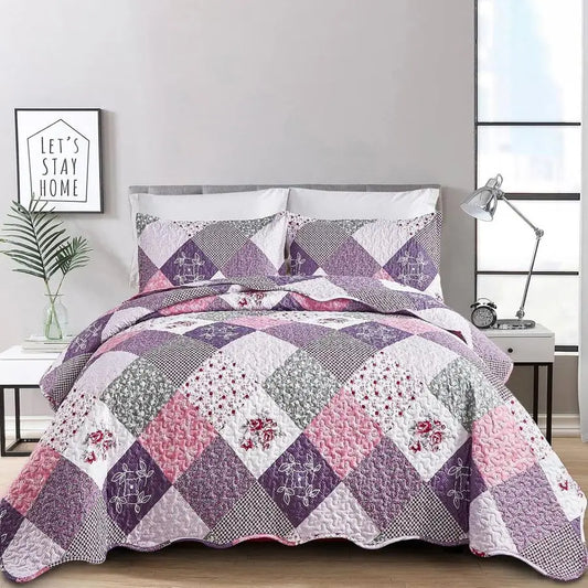 Floral Patchwork Quilt Set Reversible Microfiber Bedding for Bedroom