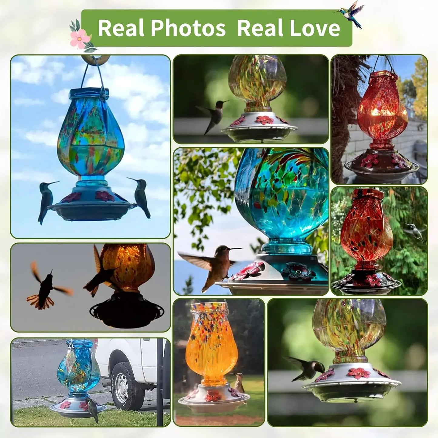 Hummingbird Feeder Hand Blown Glass Outdoor With Ant Moat