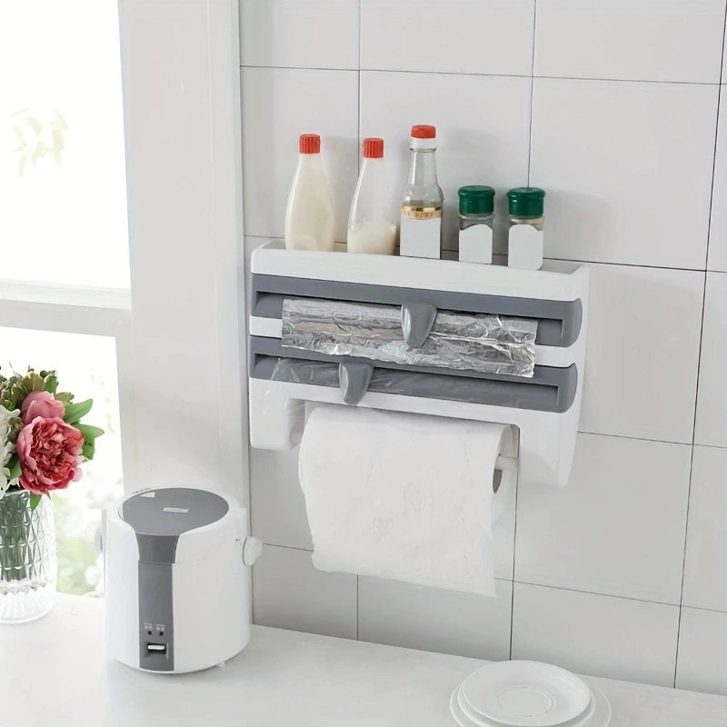 Kitchen Cling Film Organizer With Tin Foil Cutter And Paper Towel Holder
