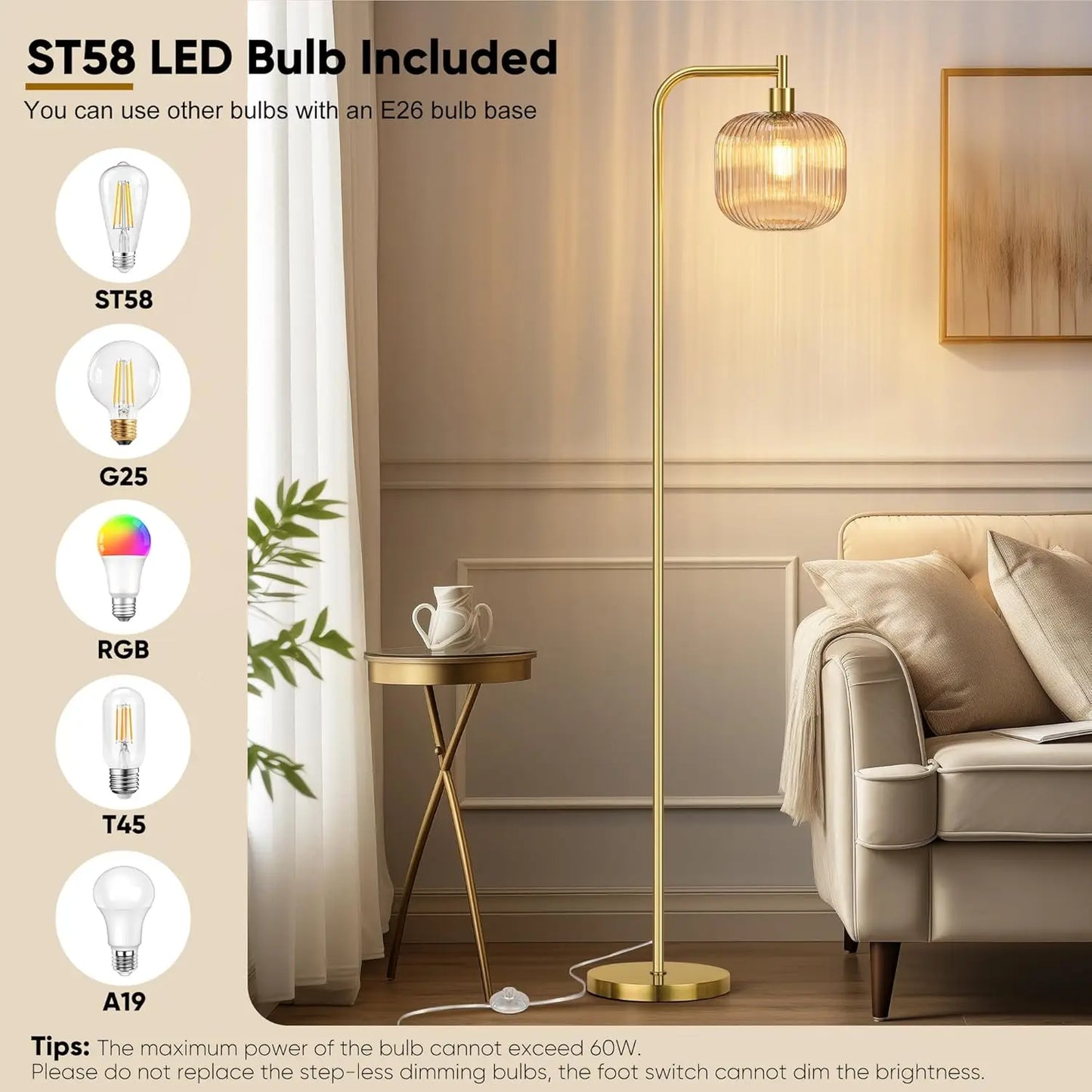 Modern Glass Floor Lamp with Ribbed Champagne Shade, Brushed Gold Finish, 67" Tall for Living Room & Bedroom