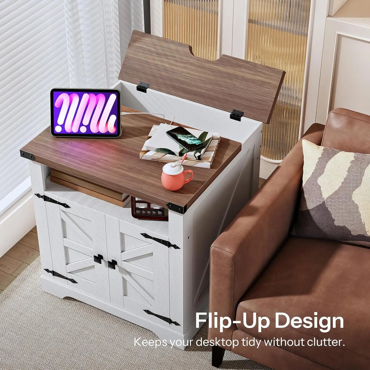 Farmhouse End Table With Charging Station For Living Room