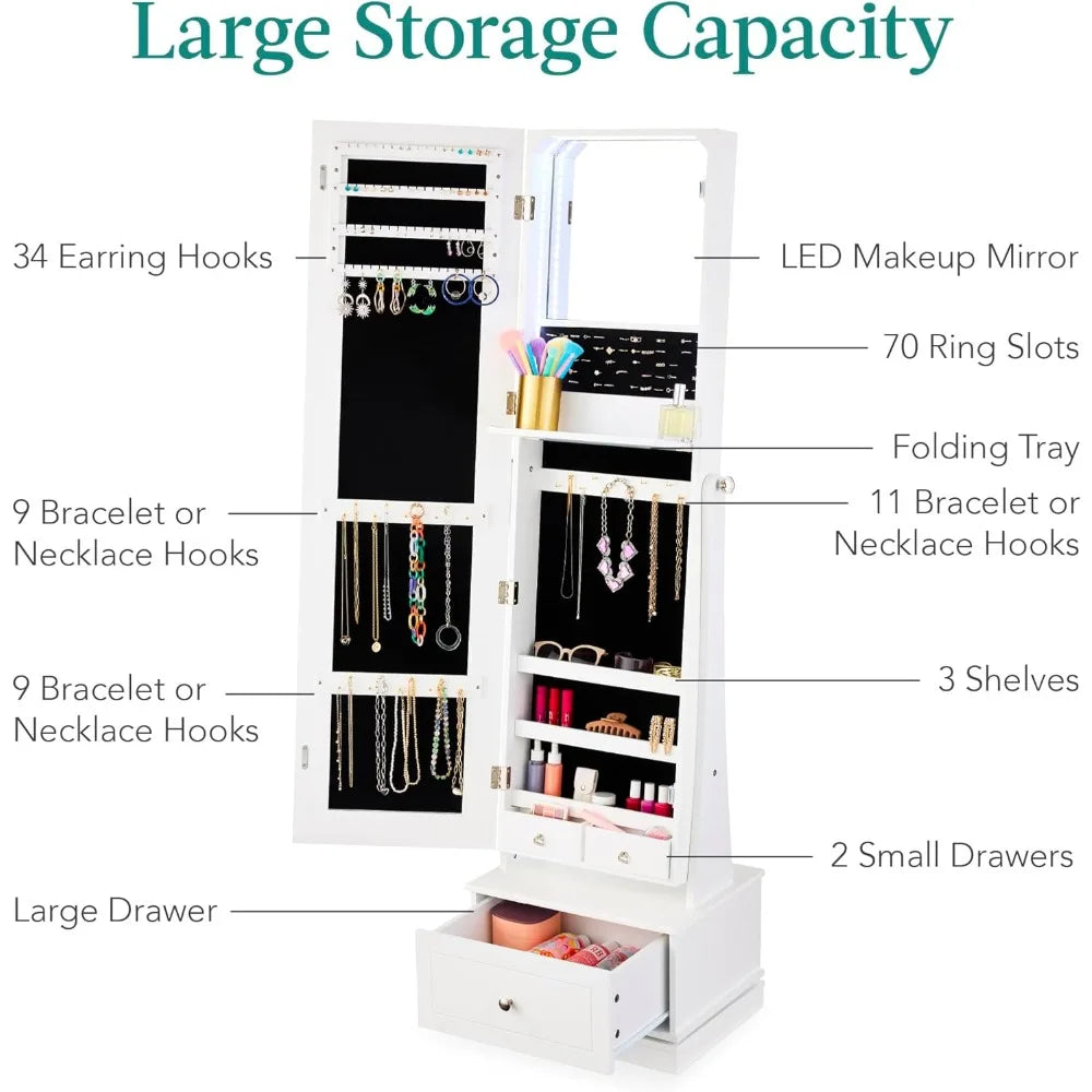 360 Swivel Mirrored Jewelry Cabinet Armoire With LED Mirror