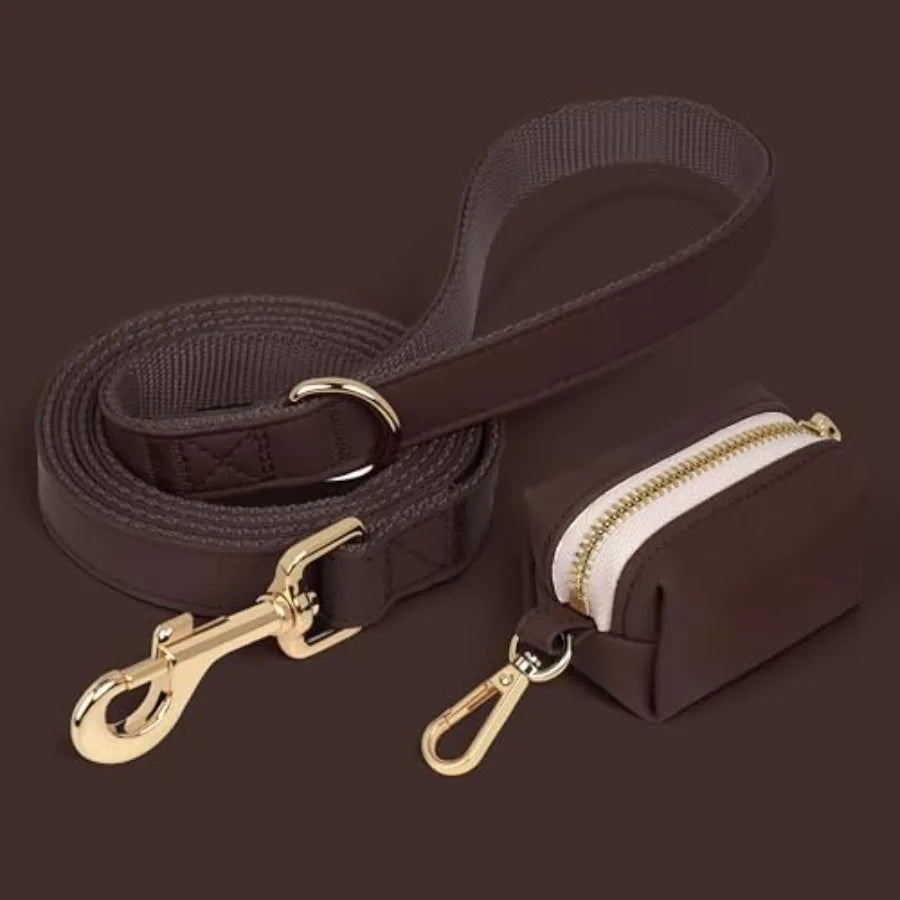 PU Leather Dog Collar Harness Leash Set Poop Bag Holder
