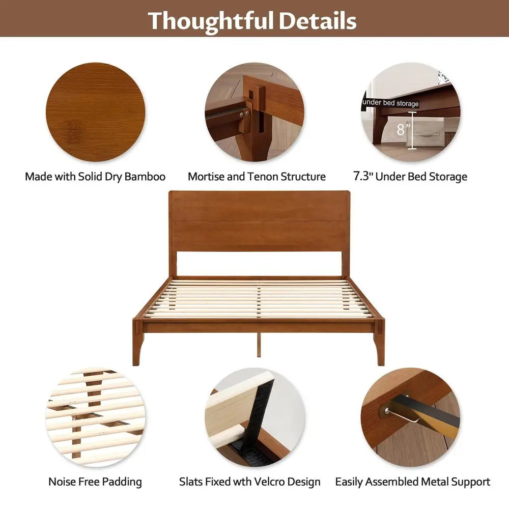 Bamboo Platform Bed Frame Mid Century Modern Slat System