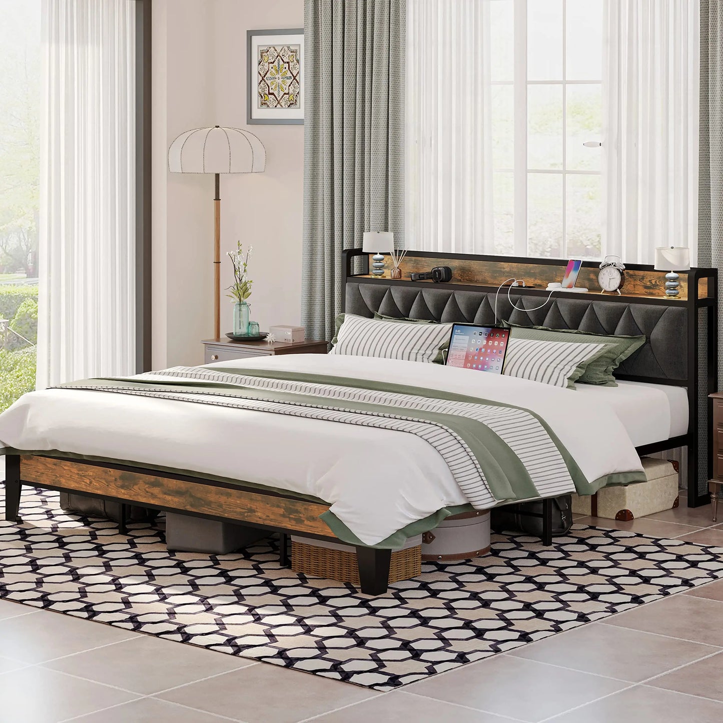 Anctor Storage Headboard Bed Frame With Outlets Noiseless