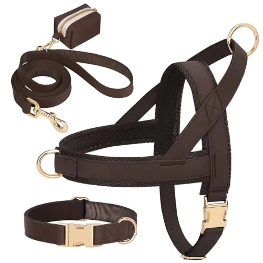 PU Leather Dog Collar Harness Leash Set Poop Bag Holder