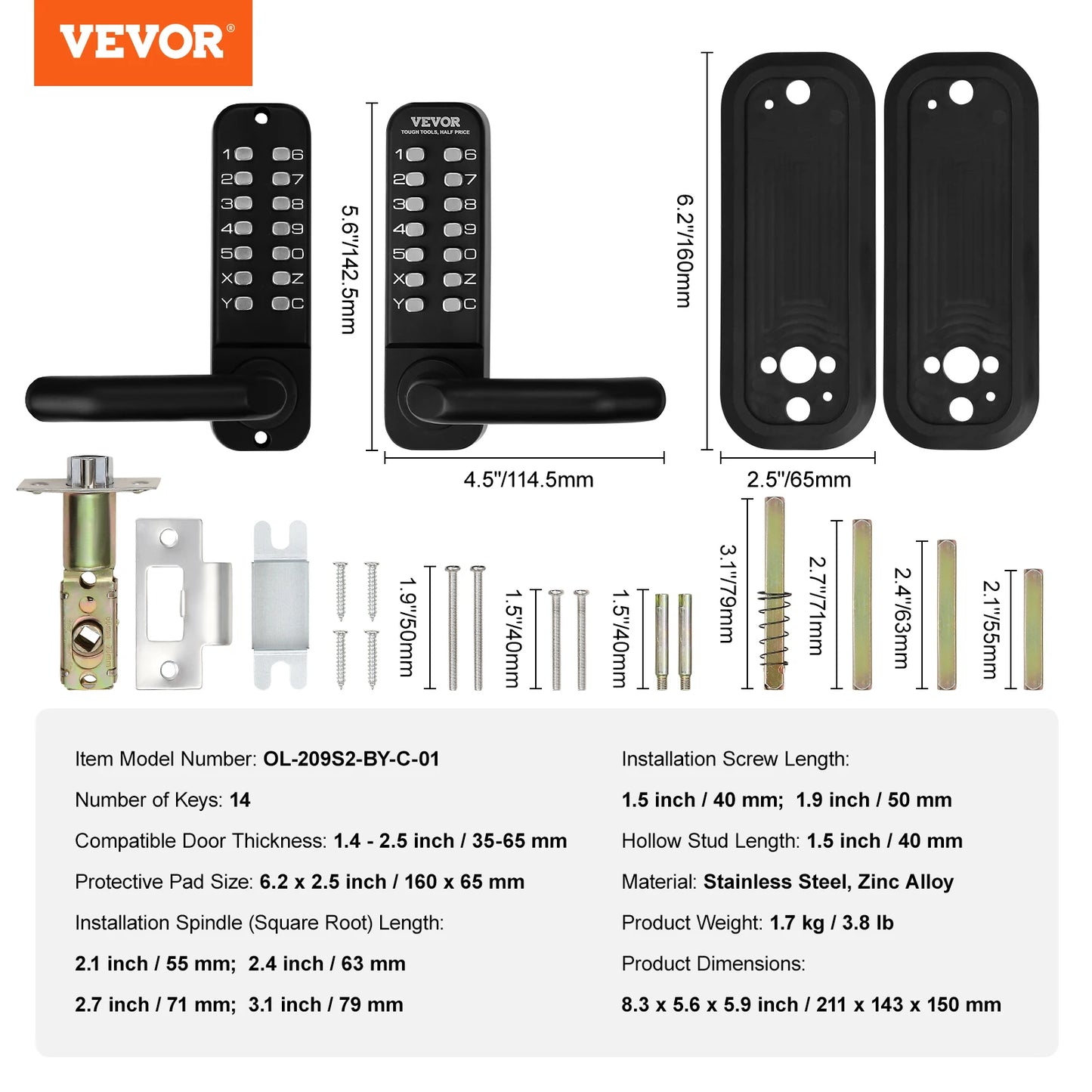 Mechanical Keyless Entry Door Lock Single And Double Sided 14 Digit Keypad