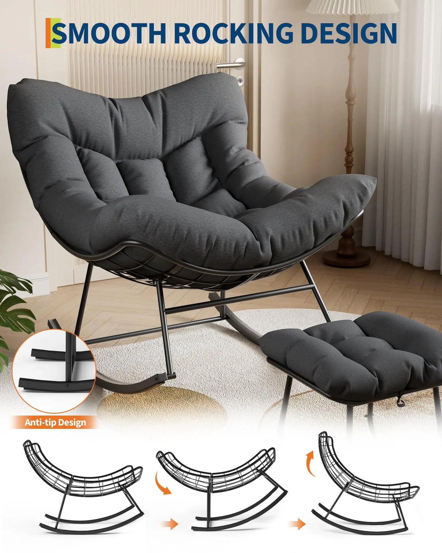 HiMISS Papasan Rocking Chair With Ottoman Outdoor Lounge