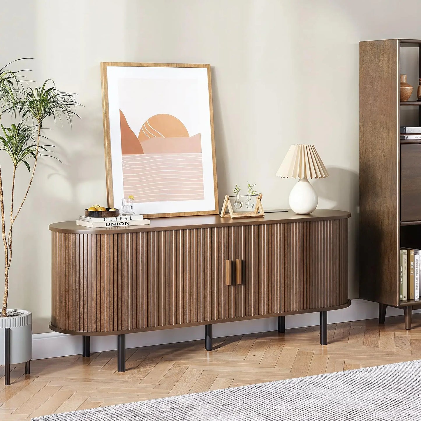 ONBRILL TV Stand With Power Outlet And Adjustable Shelves