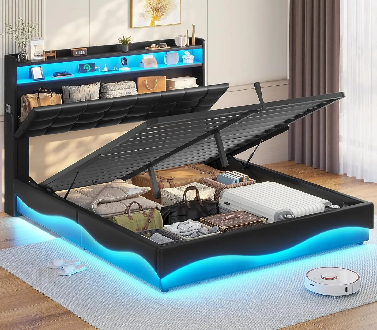 Lift Up Storage Bed Frame With Hidden Headboard Type-C Charging