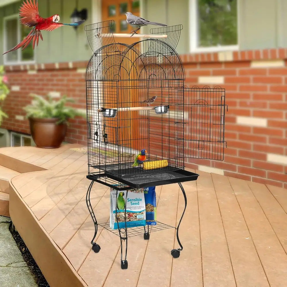 Open-Top Wrought Iron Bird Cage With Slide-Out Tray Stand